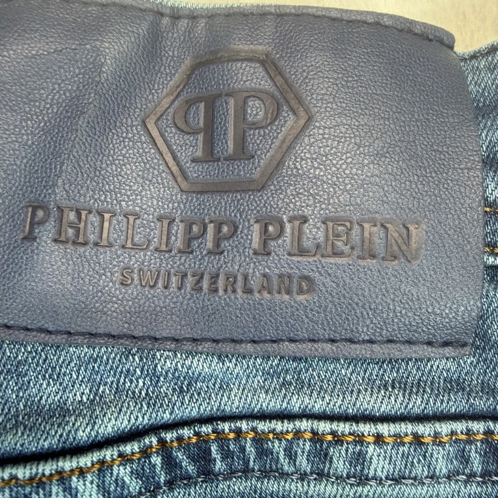Philipp Plein Mens Jeans 30x34 Blue Slim Straight Logo Designer Denim Luxury